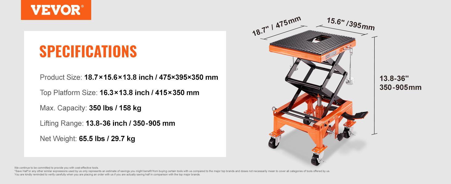 【Super Brand Day】VEVOR Hydraulic Motorcycle Lift Table, 350 LBS Capacity Motorcycle Scissor Jack Lift with Wide Deck, J-hooks, 4 Wheels, Hydraulic Foot-Operated Jack Stand for ATV Dirt Bikes，DEALS FOR YOU