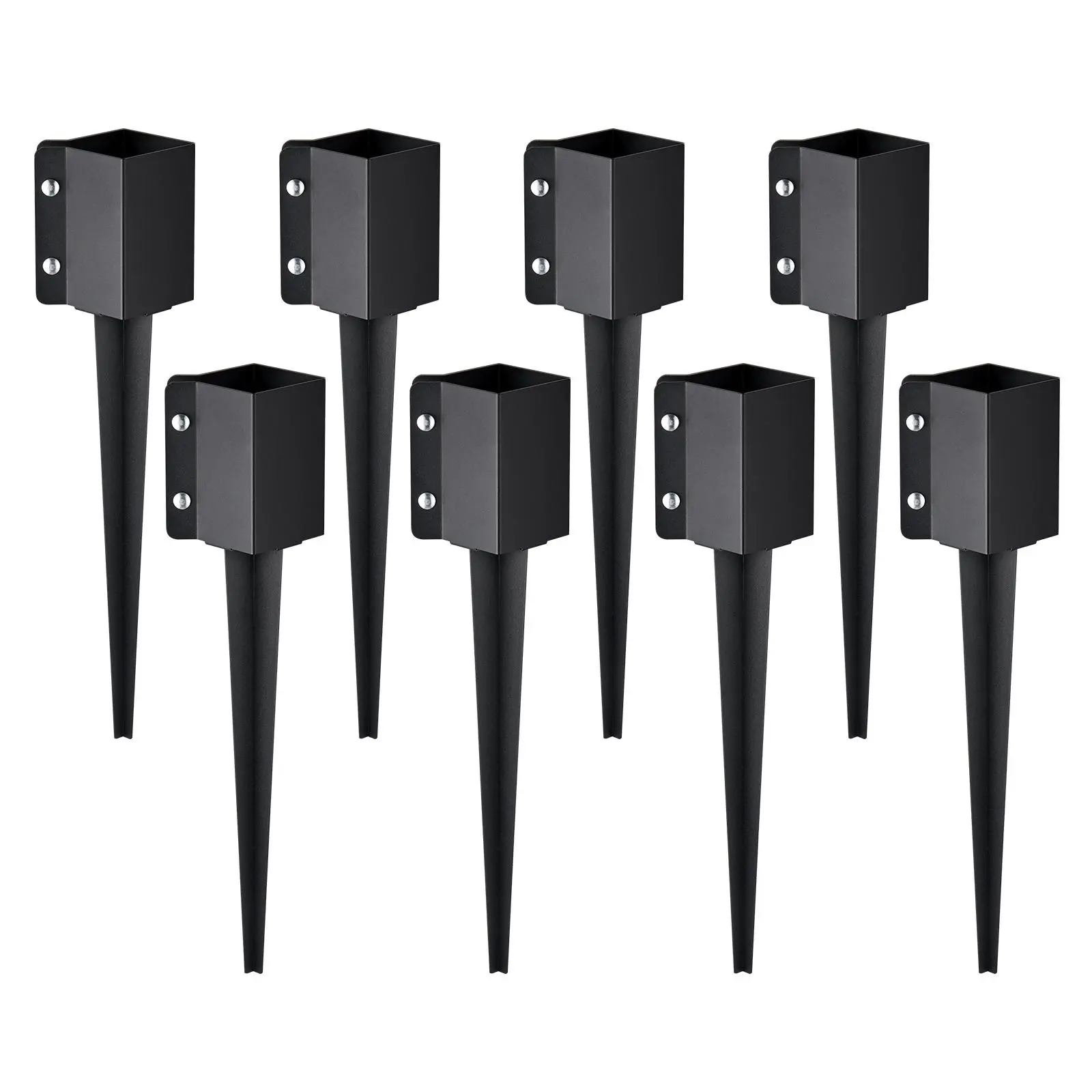 VEVOR 8-Pack Square Wood Fence Post Anchor Ground Spikes, 24" Height Hard Steel, 4x4" Outer/3.5x3.5" Inner Diameter, Black Powder Coat Corrosion Resistant, 18" Nail Length, Secure Outdoor Support for 3.5" Posts, Recycling-Friendly