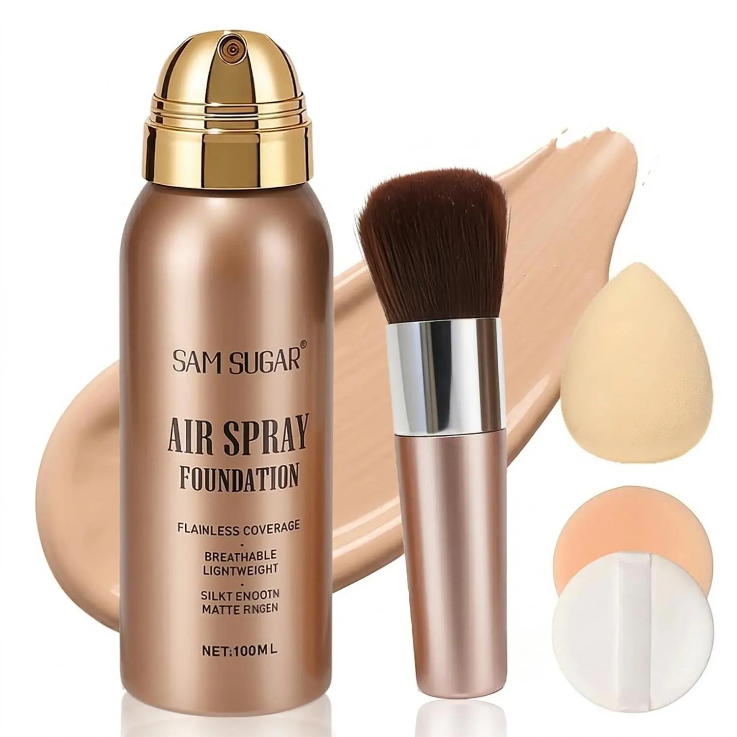 SAM SUGAR Airbrush Spray Foundation - Airbrush, 24H Long-Lasting, Flawless Matte Finish, Brightening, Concealing, Easy Application, Skin-Friendly Formula, Blendable, Full Coverage, Daily Use, for Mature & All Skin Types, 100ml, Cosmetic, Makeup, #01 Ivory