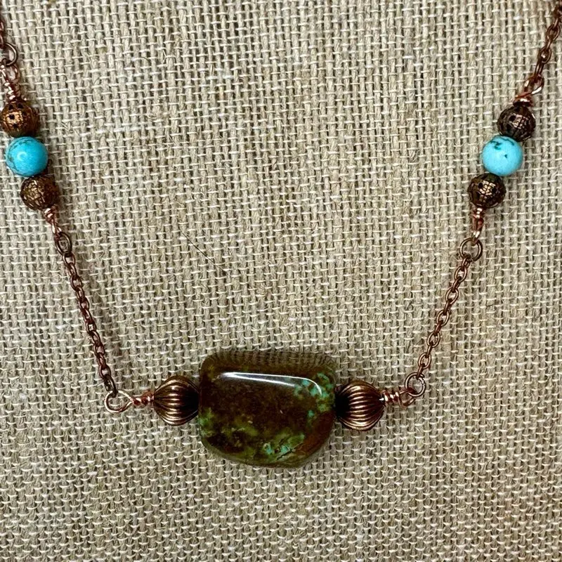 Genuine Turquoise Chunk Hand-Crafted Necklace with Copper Beads and Chain Design
