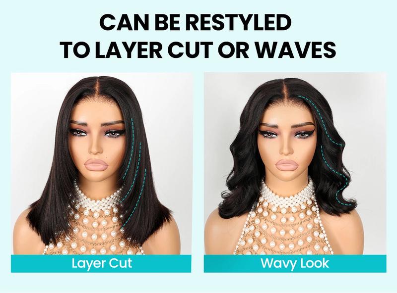 【12‘’ Only $79】 Wear & Go Yaki Straight Glueless Bob Wig Pull Go Pre Cut Lace Wig Natural Human Hair Wig Pre-Everything Wig #1B 180% Density Glueless Lace Black Yaki Bob Bleached Knots Wig