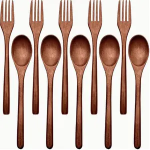 10pcs Wooden Spoons Forks Set Kitchen Wooden Tableware Set Forks Set Can Be Applied on Stirring Eating Desserts Soup Salad Suitable for Family Picnic Camping Travel Etc Easy to Carry, Best for Christmas, Perfect for Thanksgiving