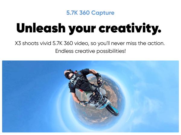Insta360 X3 - Waterproof 360 Action Camera with 1/2" 48MP Sensors, 5.7K 360 Active HDR Video, 72MP 360 Photo, 4K Single-Lens, 60fps Me Mode, Stabilization, 2.29" Touchscreen, AI Editing, Live Stream