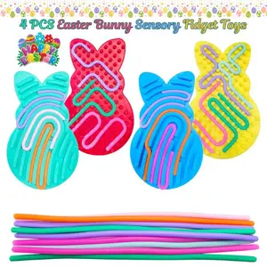 4 PCS Easter Bunny Sensory Fidget Toys – Double-Sided Silicone Activity Board for Kids, Boys & Girls, Calming Anxiety, Easter Basket Stuffers & Party Favors