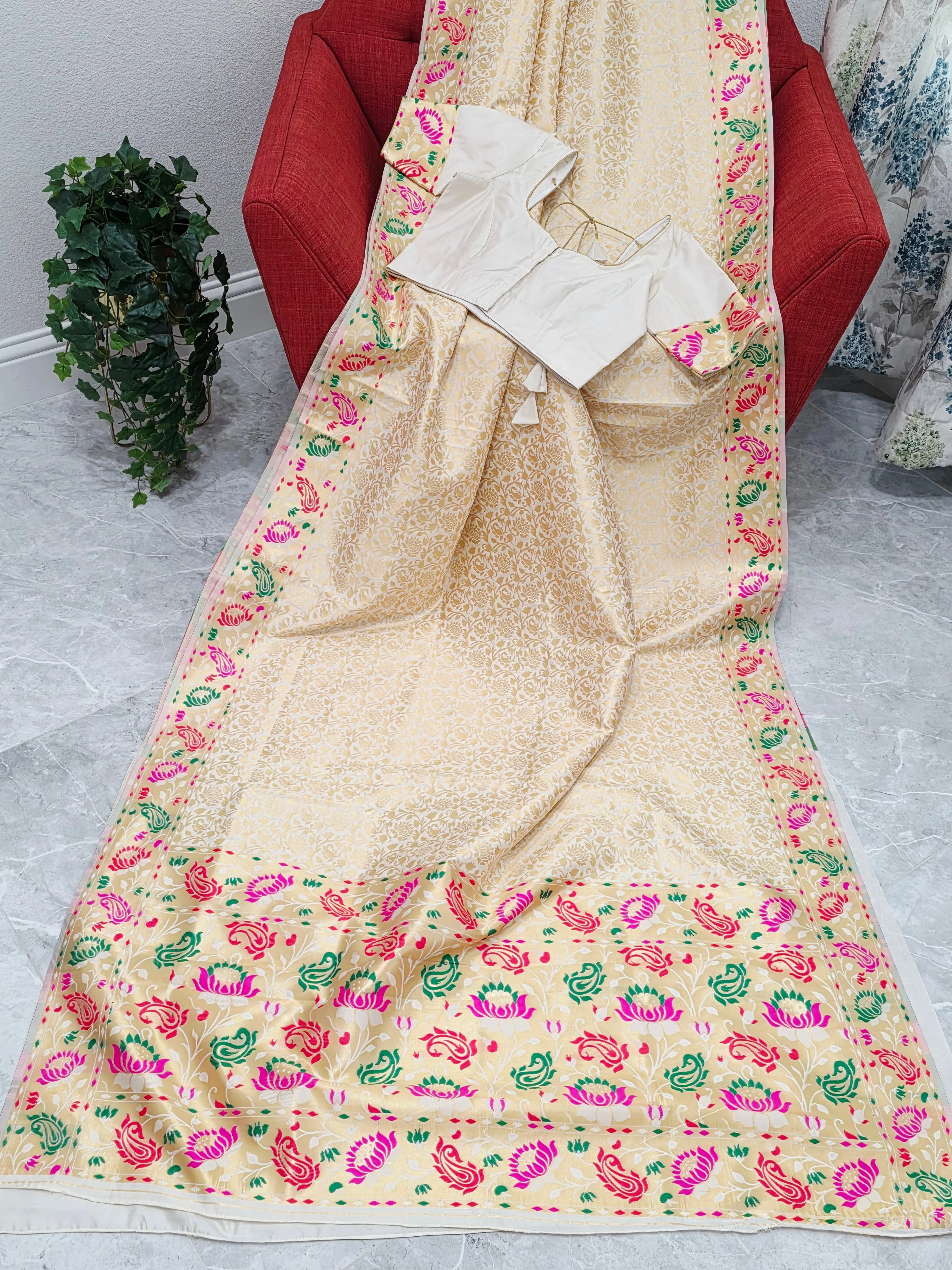 Brocade Banarasi Soft Silk Saree with Paithani Floral Border & Stitched Blouse