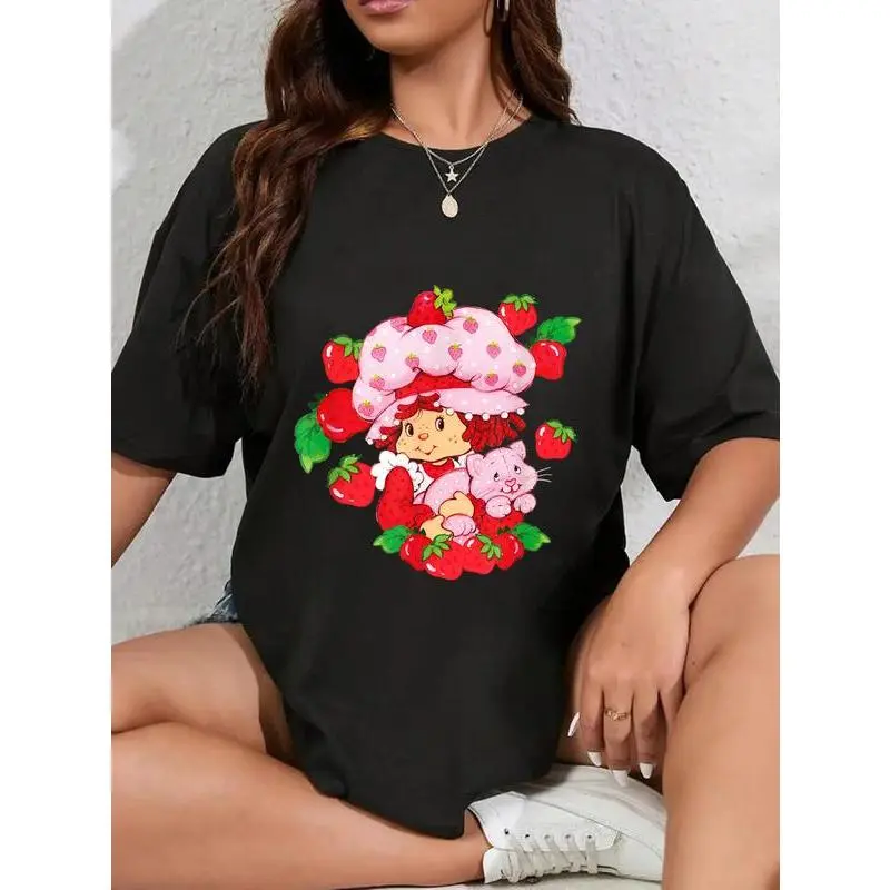 Women's 100% Cotton Vintage Strawberry Shortcake Besties Playful Print Round Neck Casual Tee - Unisex Multi-Size Sports Top (Sports & Outdoor Clothing, Tshirt)