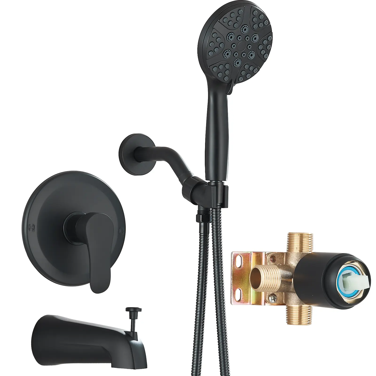 Matte Black Tub Shower Faucet Set Valve Included with 7 Settings Handheld Spray and Tub Spout Single-Handle Tub and Shower Trim Kit,Wall Mount