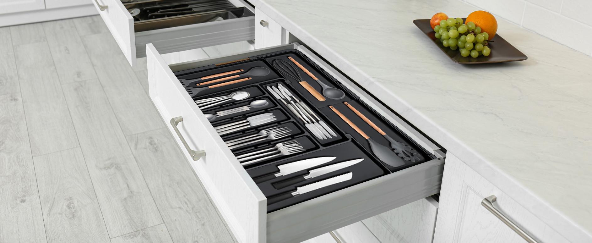 【SUHOPE】【Holiday Deal】Silverware Organizer Expandable Kitchen Utensil Drawer Organizer with 9 Compartment Large Cutlery Organizer Tray for Forks Knives 13" - 22"W ,14.5" - 19"L
