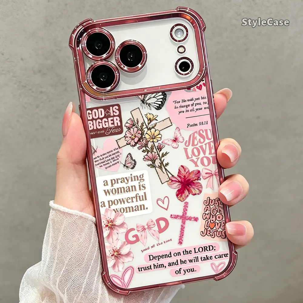 Christian Cross Floral Pink TPU Shockproof Phone Case - Lightweight Protective Cover, Drop-Proof Shockproof Phone Accessory, Fits iOS Devices iPhone 17,16 Pro Max,15 Plus,14,13,12,11, Ideal Gift