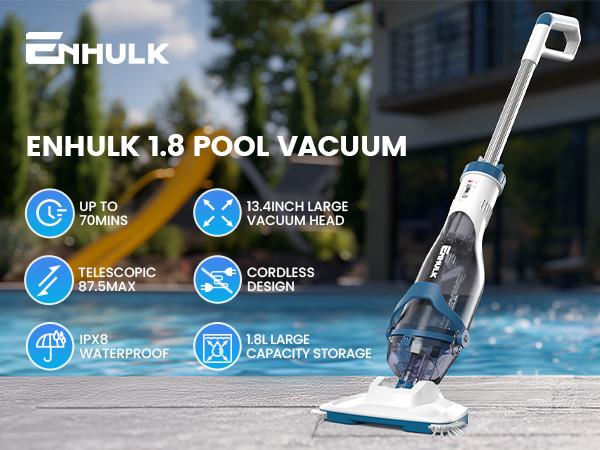 【Spring Cleaning】Enhulk PooCl Vacuum for Above Ground Pool with Telescopic Pole, Running time up to 1H, Handheld Design with Powerful Suction up to 18.5 gallon/min