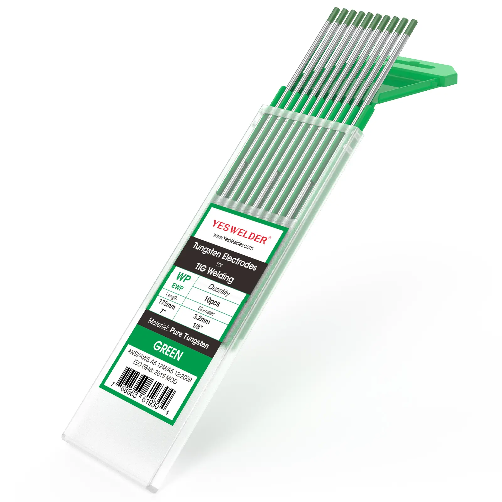 YESWELDER Pure Tungsten TIG Welding Electrode (Green, EWP) Welding Accessory, .040"/1/8"/1/16"/3/32" x 7", 10-Pack, Vacuum Packed