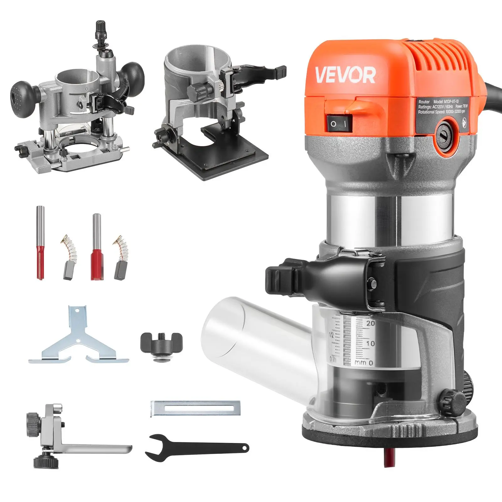 【summerfinds】VEVOR Wood Router, 1 HP 710W, Variable Speed Palm Router Tool with 1/4 in Collet, Compact Edge Wood Trimmer with Fixed, Plunge & Tilt Base, Soft Start, for Woodworking, Trimming, DIY Projects, Corded, Router Table