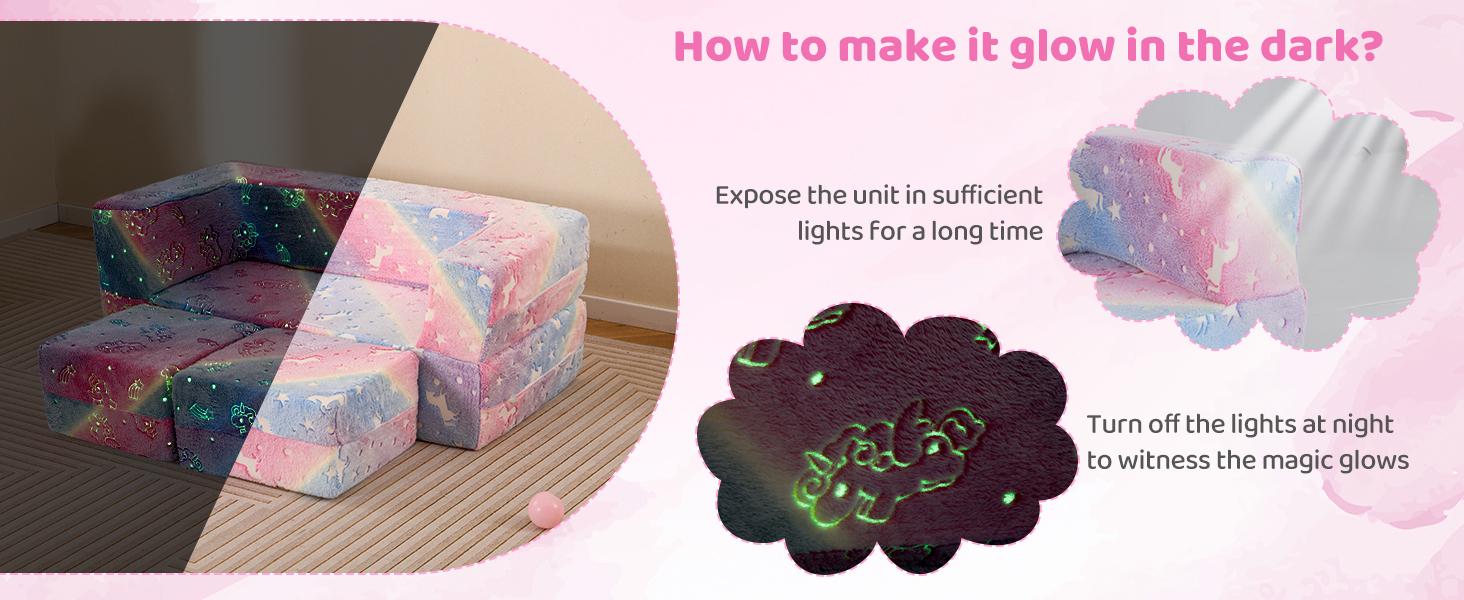 Costway Modular Play Couch, Glow in The Dark Fold Out Children Sofa Couch, Bedroom Playroom Furniture for Toddlers, Comfy Foam and Floor Cushion Gift for Boys Girls 3+