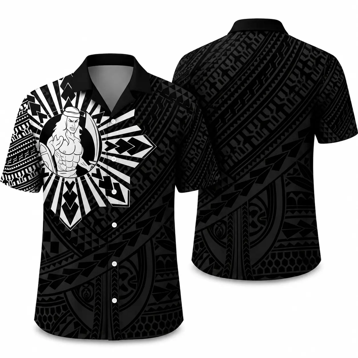 Polynesian Warrior Hawaiian Shirt, Tribal Warrior Aloha Shirt, Maori Tattoo Hawaiian Shirt, Samoan Chief Button Up, Island Style Tropical Shirt, Black Tribal Beach Shirt, Ethnic Polynesian Summer Shirt, Luau Vacation Shirt, Gift for Men Women