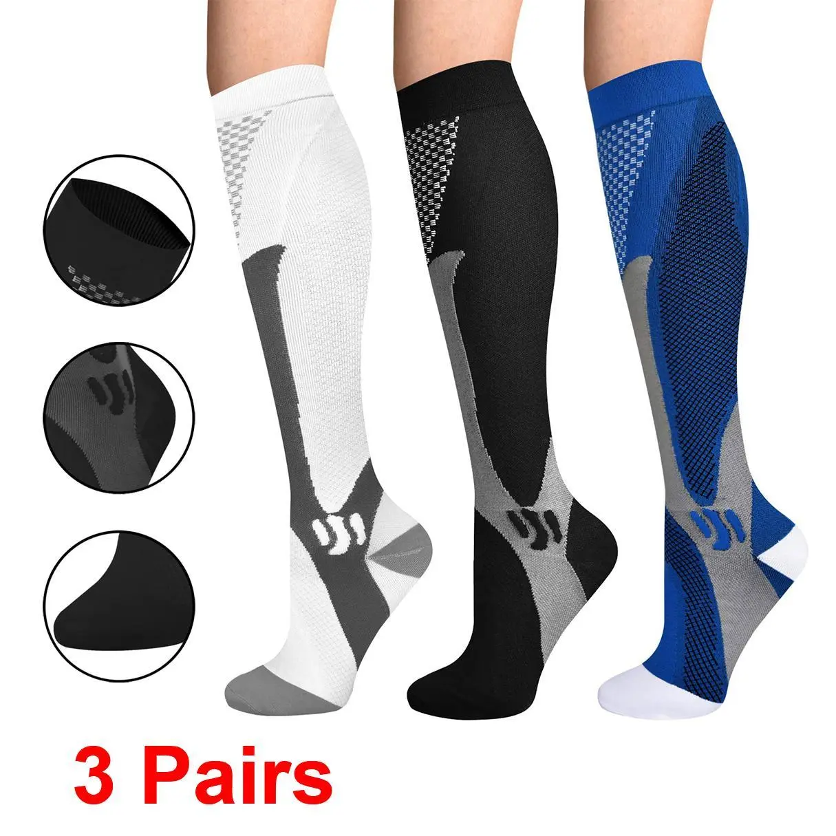 Unisex 15-20 mmHg Compression Socks (3 Pairs) - Nylon Fabric Athletic Running Socks for Adults, Cushioned Wicking, Advanced Circular-Knit Construction, Plantar Fasciitis Relief, Diabetics, Gym Workouts, Sports Socks knee high