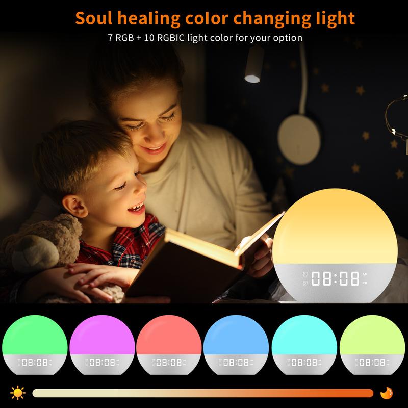 Sunrise Alarm Clock, White Noise Machine for Sleep, Upgraded Backlit Buttons, Bluetooth Speaker, Dimmable Night Light for Heavy Sleeper, Adults, Kids