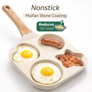 4-Cup Nonstick Divided Frying Pan with Fun Heart & Star Shapes, Maifan Stone Breakfast Skillet for Eggs & Pancakes, 7.5 Inch Easy Clean Sectioned Pan with Heat-Resistant Wood Handle for Healthy Kids Meals