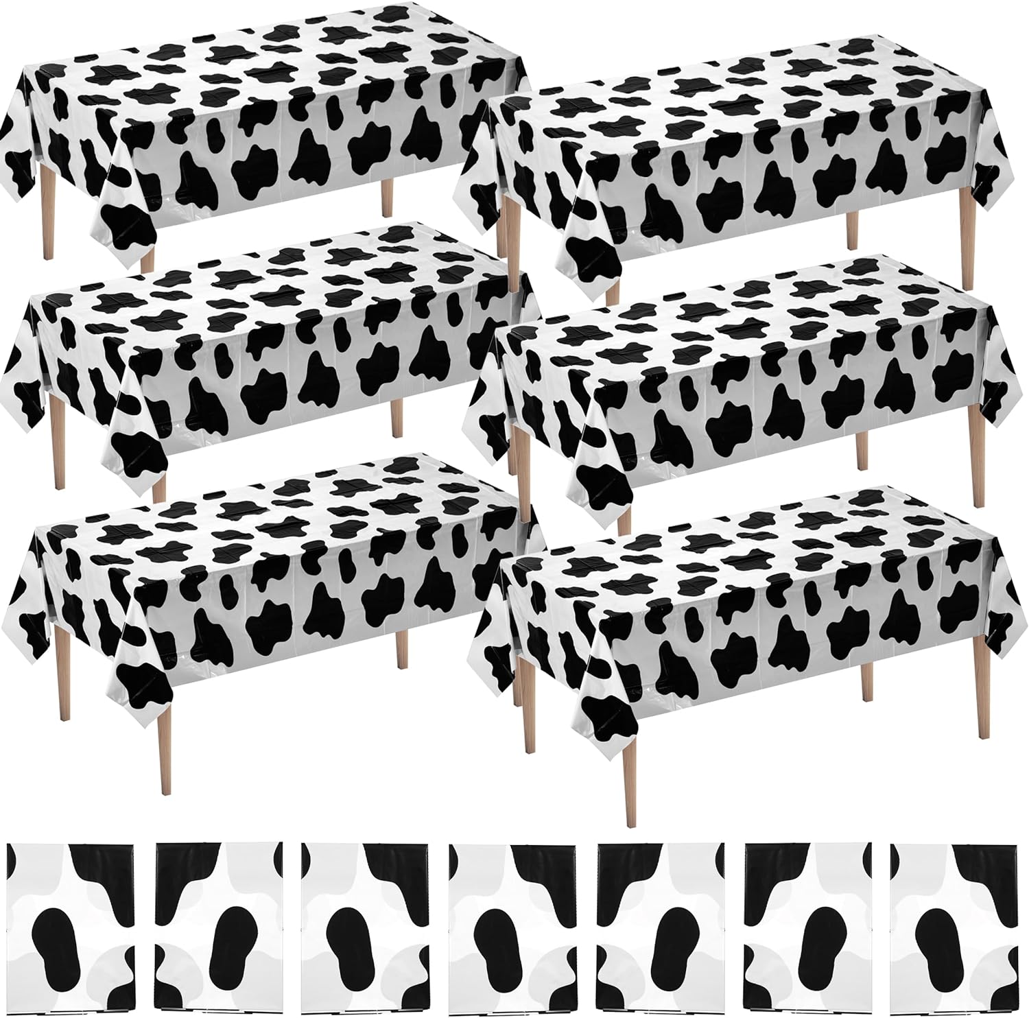 Cow print tablecloth (pack of 6 pieces) 54 x 72 inch farm animal themed party tablecloth, birthday party supplies, and picnic table cover (black and white)