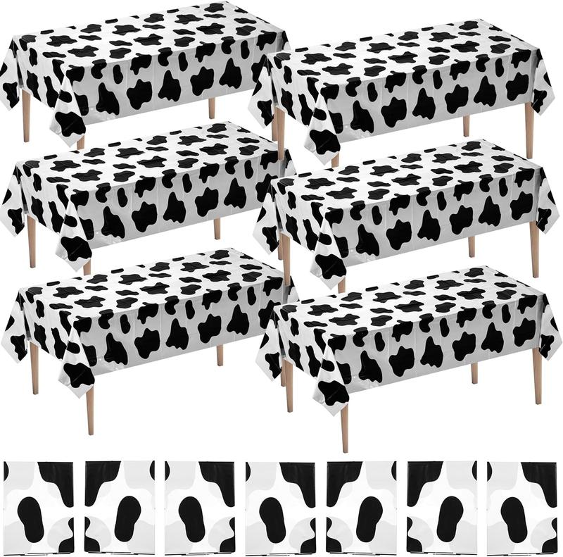 Cow print tablecloth (pack of 6 pieces) 54 x 72 inch farm animal themed party tablecloth, birthday party supplies, and picnic table cover (black and white)