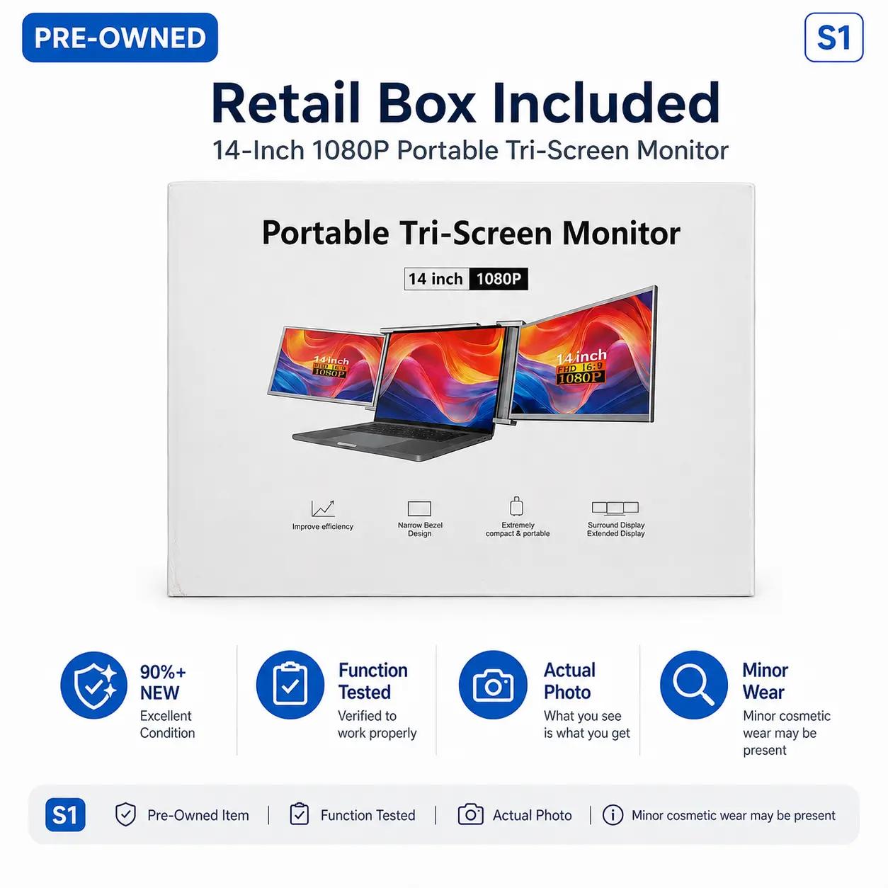 Refurbished S1 14" Laptop Screen Extender Dual Monitor, 1080P FHD IPS Triple Screen Portable Monitor, 315° Adjustable Laptop Monitor Extender, Plug & Play for 13.5"-16.5" Laptops – [Good Condition]