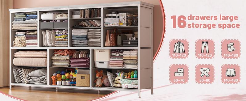 Raybee Furniture Dresser TV Stand with 13/16 Storage Drawers, 3 Power Outlets, Water-Resistant Top, Multifunctional Design for Living Room & Bedroom