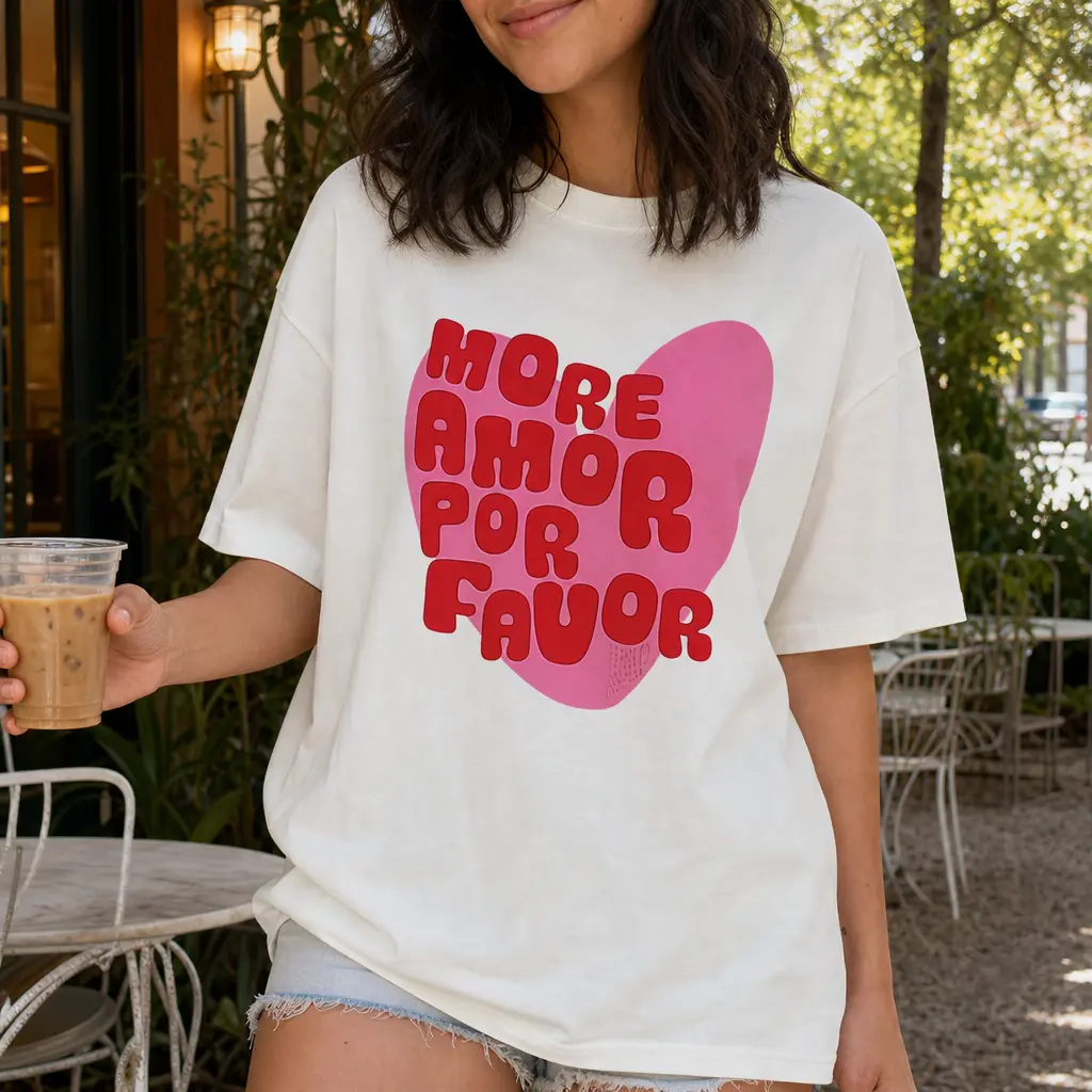 Retro More Amor Por Favor Graphic Tee Women's 100% Cotton Pink Heart Print T-Shirt