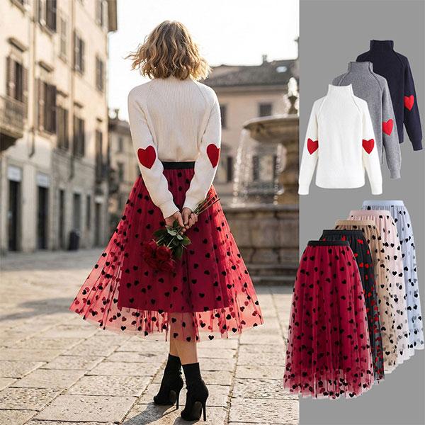 3D Heart Double-Layered Mesh Maxi Skirt – Flowy Tulle with Heart Details, Velvet Trim, Ethereal Silhouette, Elastic Waist, Perfect for Date Night, Parties & Special Occasions, Evening Wear