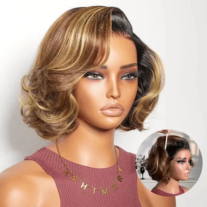 7x5 Closure Lace Peacock Curls Brown Highlight Ombre Bob Wig StayLock Contour Structure Glueless Wig 720° Snug Fit Pre-Everything Human Hair Wigs