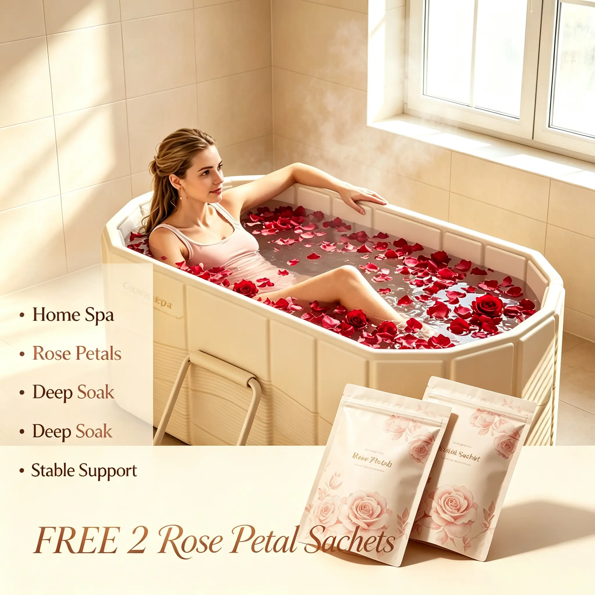 Foldable Decorative Rose Plastic Portable Bathtub for Camping, Hiking - 1.5M Large Capacity, Leak-Proof, Waterproof, Easy Storage, Outdoor Full-Body Soak Personal Care Shower Accessory Folding Bathtub Foldable Soaking Bathtub