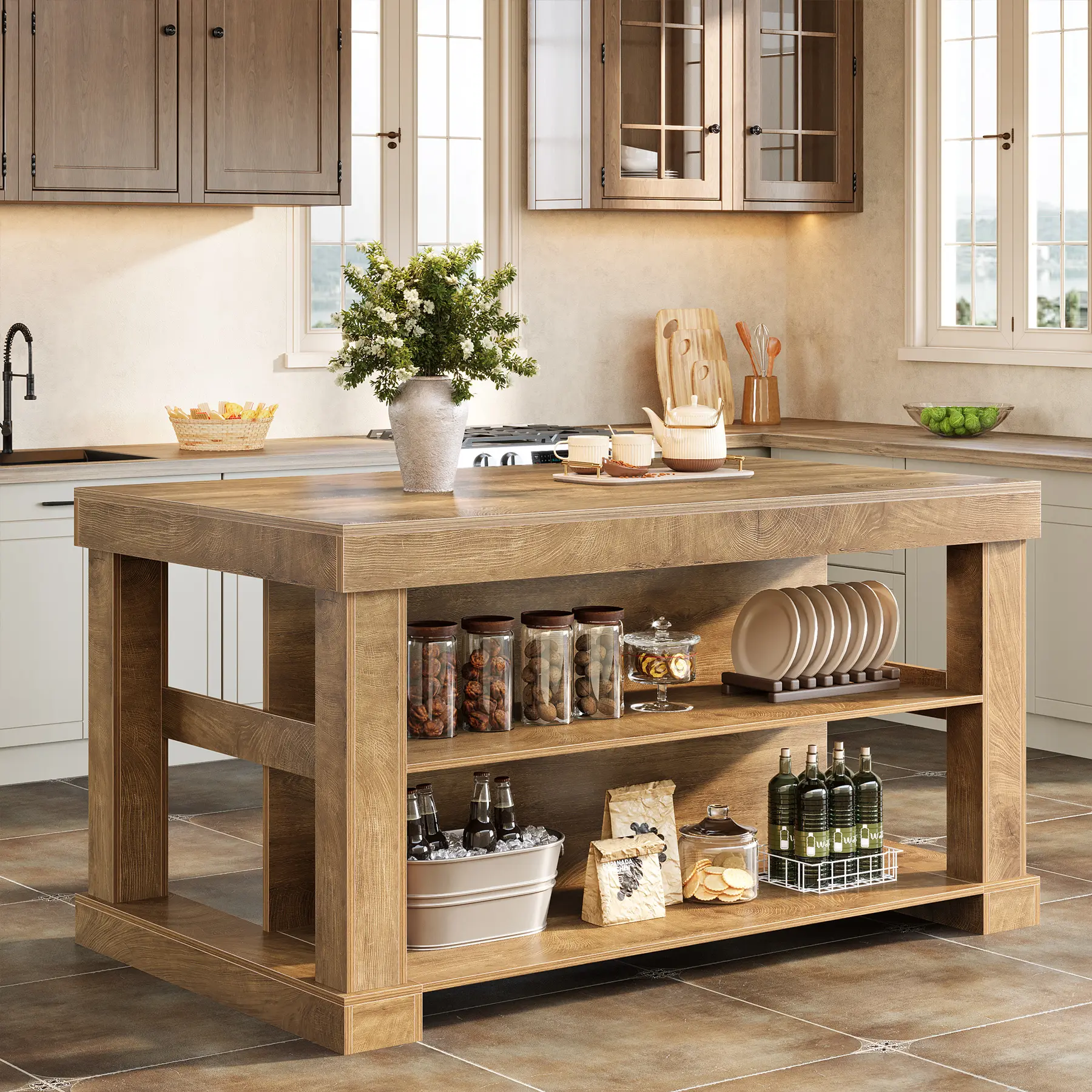 Tribesigns Kitchen Island with Storage, 55-Inch Farmhouse Stationary Island Table with Large Countertop, 3-Tier Coffee Bar Table for Kitchen, Dining Room, Rustic Brown