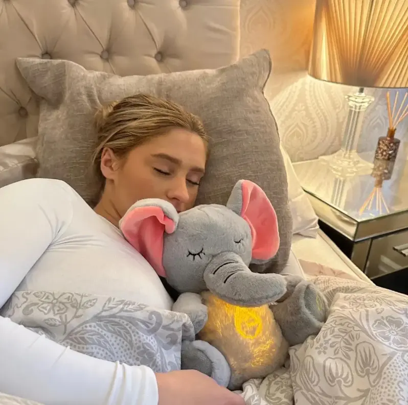 Elephant Plush Doll Toy - Battery Powered, 4 Modes Calming Music, Breath Sounds, Lights, Shiny Tail, Soft Fabric Breathing Belly Movements, Sensory Stress Relief Toy for Kids Gift (Requires Batteries)