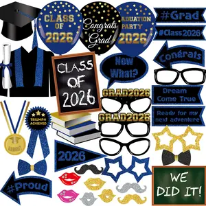 Class of 2026 Graduation Photo Booth Props Set - 35PCS Blue and Gold Graduation Party Decorations with Paper Sticks & Double-Sided Tape, Perfect for 2026 Graduation Party Supplies, Congrat Grad Photo Props for Students, Family & Friends