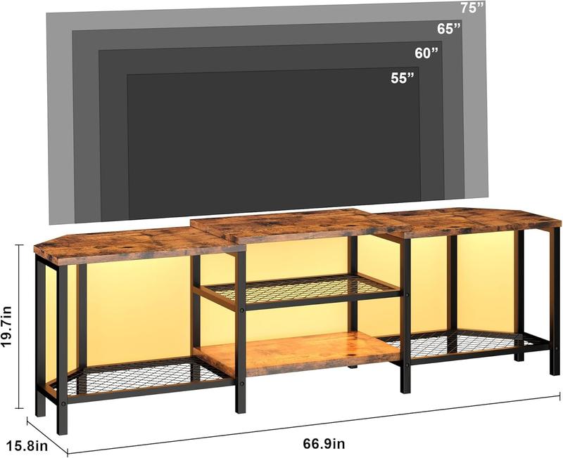 TV Stand for TVs up to 75 Inch, Corner Entertainment Center with Power Outlet and LED Lights Open Storage Shelves, Media Console for Living Room, Bedroom