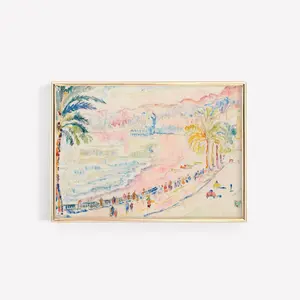 vintage pastel beach painting, beach wall art, colorful wall art, beach house decor, summer wall art, pink coastal prints