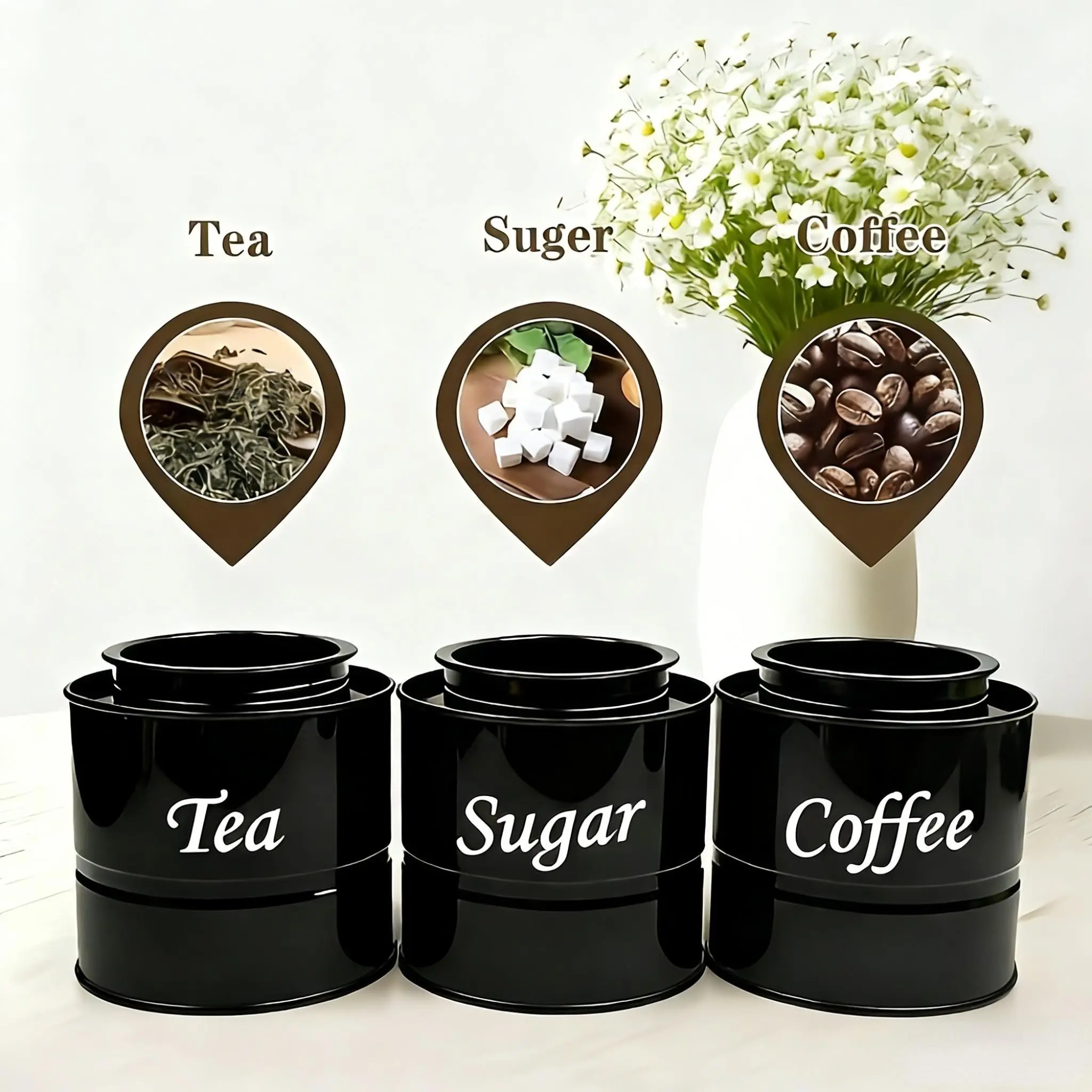 3-Piece Stackable Metal Canisters Set, Heavy-Duty Tin Food Storage Containers, Reusable Kitchen Storage Jars, Ideal for Tea, Coffee, Nuts, Grains