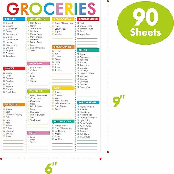 90 Sheets Fastcheck Grocery List Magnet Pad, 110 Printed Common Food for Fridge and Blank Grocery Shopping Spaces for Home. Size 6”x 9”