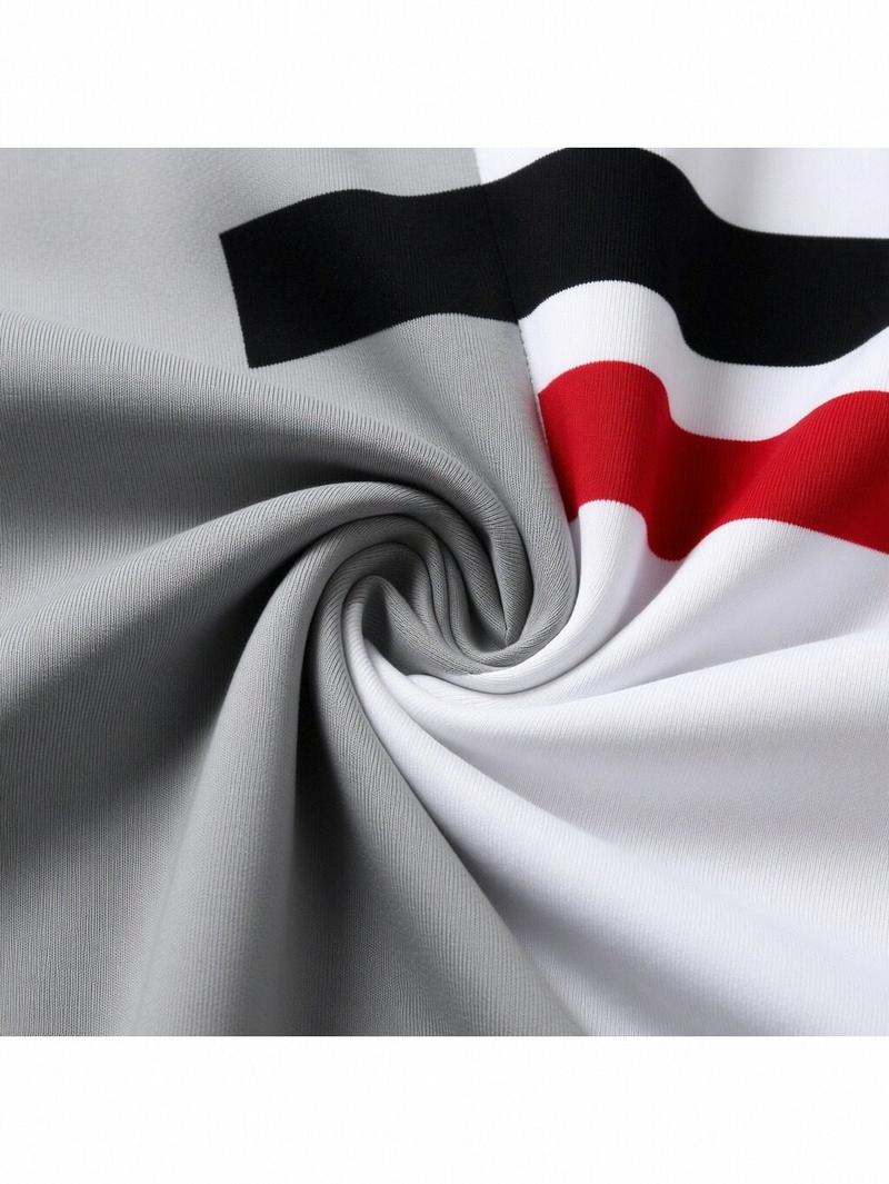 2026 Fashion Street-Style Men's Two-Tone Sportswear Set, Two-Piece Crewneck Long-Sleeve Sweatshirt and Jogger Pants, White/Grey with Black and Red Stripe Design, Casual Everyday Homewear, Soft and Comfortable Activewear