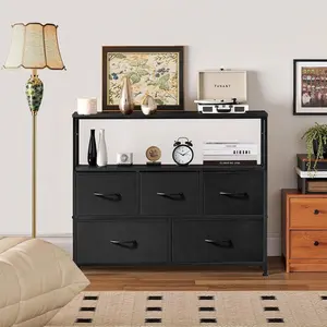 39" Bedroom Dresser with 5 Fabric Drawers, Storage Chest with Charging Station & Open Shelf, Fabric Drawer Organizer for Bedroom Closet Living Room