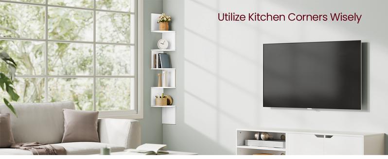 SONGMICS Corner Shelf Wall Mount, 5-Tier Floating Corner Bookshelf, Plant Shelf for Bedroom, Living Room, Bathroom, Home Office