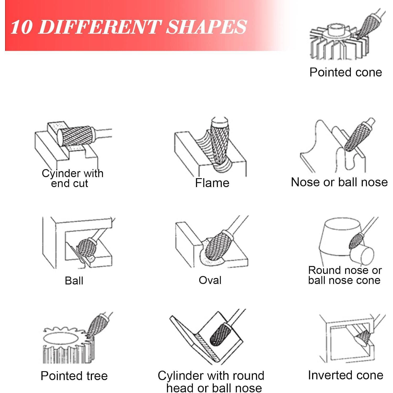 Tungsten Carbide Rotary Burr Set - 10 Count Double Cut Carving Burr Bits 1/8" Shank 1/4" Grinding for DIY Carving Metal Polishing Engraving Drilling