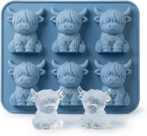 Mini Highland Cow Ice Cube Mold - Cute 3D Ice for Drinks, Parties & Gifts, Reusable Highland Cattle Silicone Ice Cube Molds, Funny Animal Shaped Ice Mold Maker for Cow Lovers Women Men (A-6 Cavity)