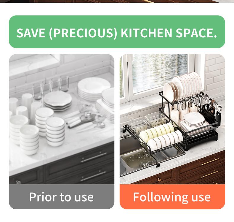 Foldable Over Sink Dish Drying Rack｜Pull-Out 2-Tier Dish Drainer with Utensil Holder｜Space Saving Kitchen Organizer for Small Kitchens