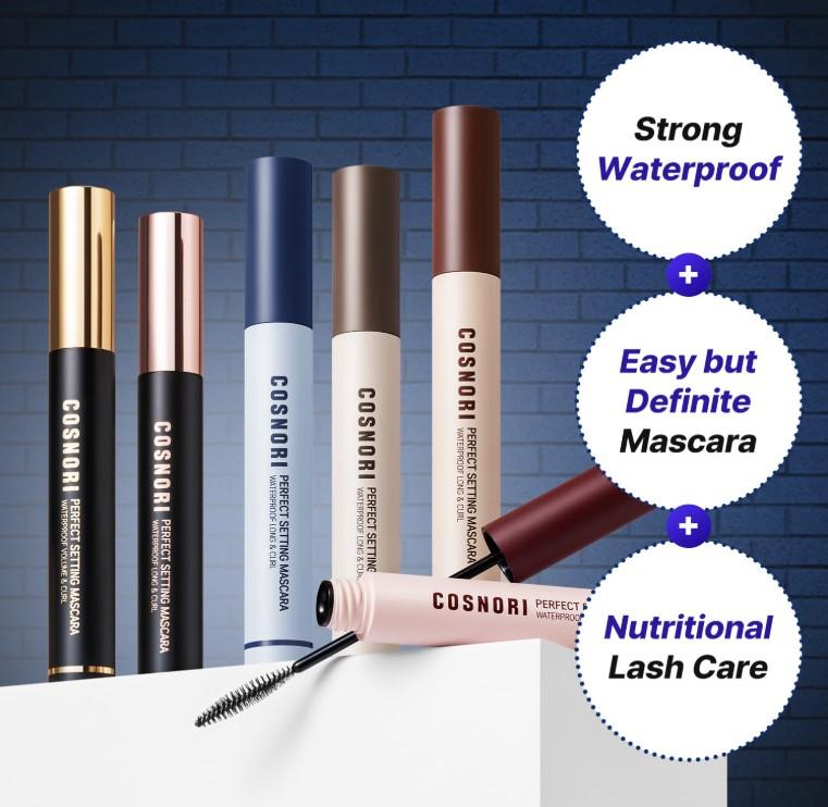 COSNORI Perfect Setting Waterproof Mascara Long&Curl 02 Cozy Brown – Long Lasting Smudge - Brown Mascara - Soft Definition for Blue & Green Eyes - K Beauty - 0.23fl oz (7ml)