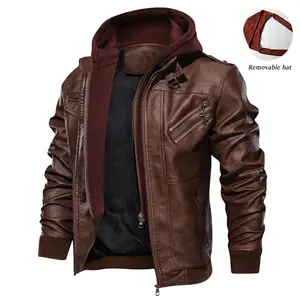 Men's Winter PU Leather Faux Two-Piece Hooded Jacket – Thick, Warm, Trendy Motorcycle Style Coat with Removable Hood, Ribbed Cuffs, and Zipper Front Closure; Perfect for Streetwear, Jogging, Fishing, or Casual Wear; A Versatile Addition to Any Man's Wardr