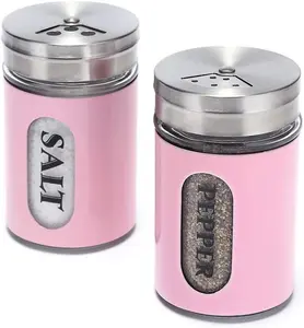 Salt and Pepper Shakers Stainless Steel and Glass Set with Adjustable Pour Holes (Pink) STJKBDFC