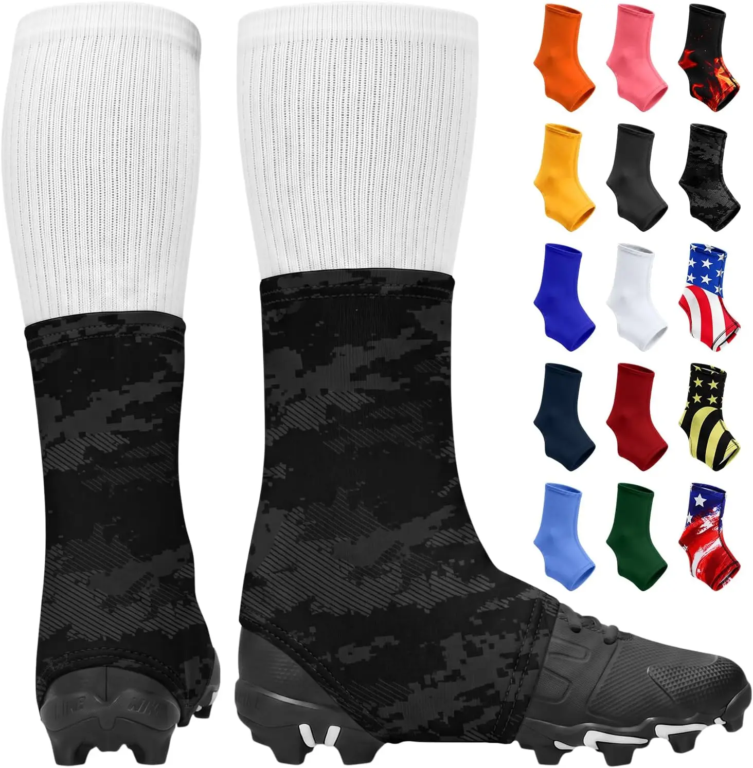 Spats Football Cleat Covers - Keep Your Laces Tied and Cleats Clean, Football Spats for Cleats, Perfect for Baseball, Soccer, Lacrosse, Hockey - Adult & Youth Sizes ( Black Camo)