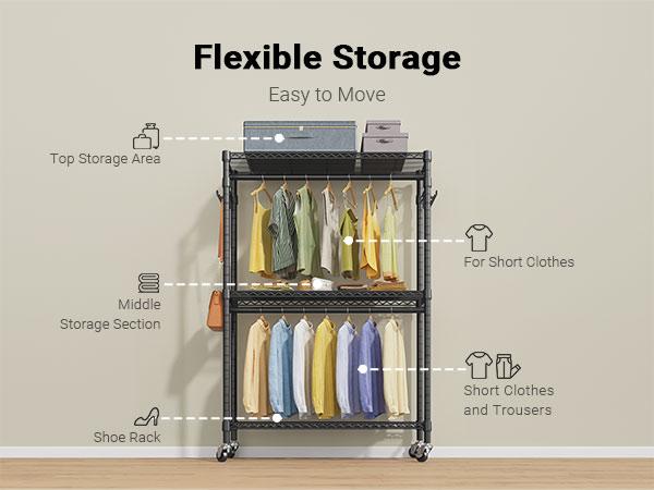 VIPEK R2 Series Rolling Closet Rack Freestanding 3 Tier Clothes Rack, Sturdy Rolling Clothes Rack for Bedroom, Portable Wardrobe for Hanging Clothes Organiser Adjustable Clothing Rack