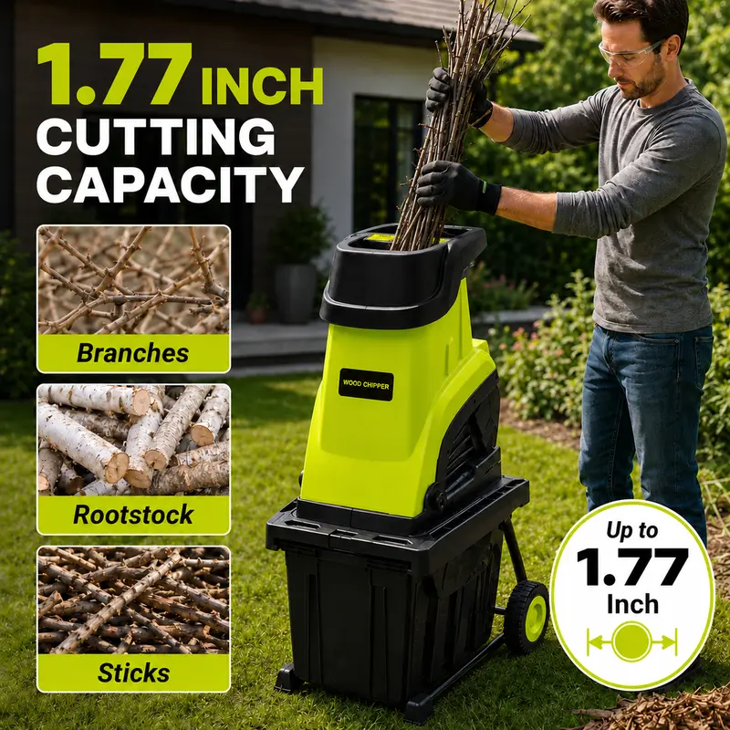 Electric Wood Chipper Shredder for Yard & Garden Waste, 15-Amp Portable Branch Mulcher, 1.77-Inch Branch Cutting Capacity, 10-Gallon Collection Bin for Backyard Cleanup, Leaves & Twigs