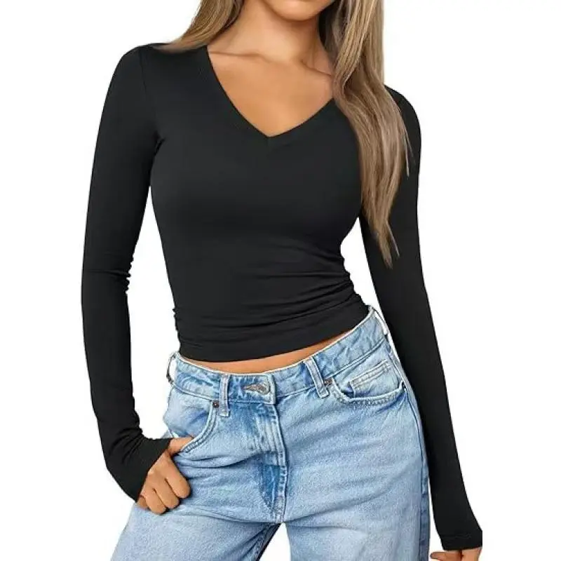 V Neck Tops Sexy Shirts for Women Fitted Tight T Shirts Tee