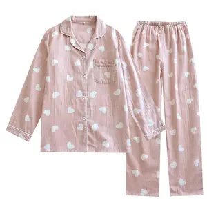 Women's Cotton Gauze Love Heart Pajama Set - Basic Lapel Collar Long Sleeves Above The Knee Summer Loungewear - Fabric